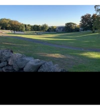 a grassy field with a stone wall in the background