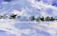 a painting of a snowy landscape with trees